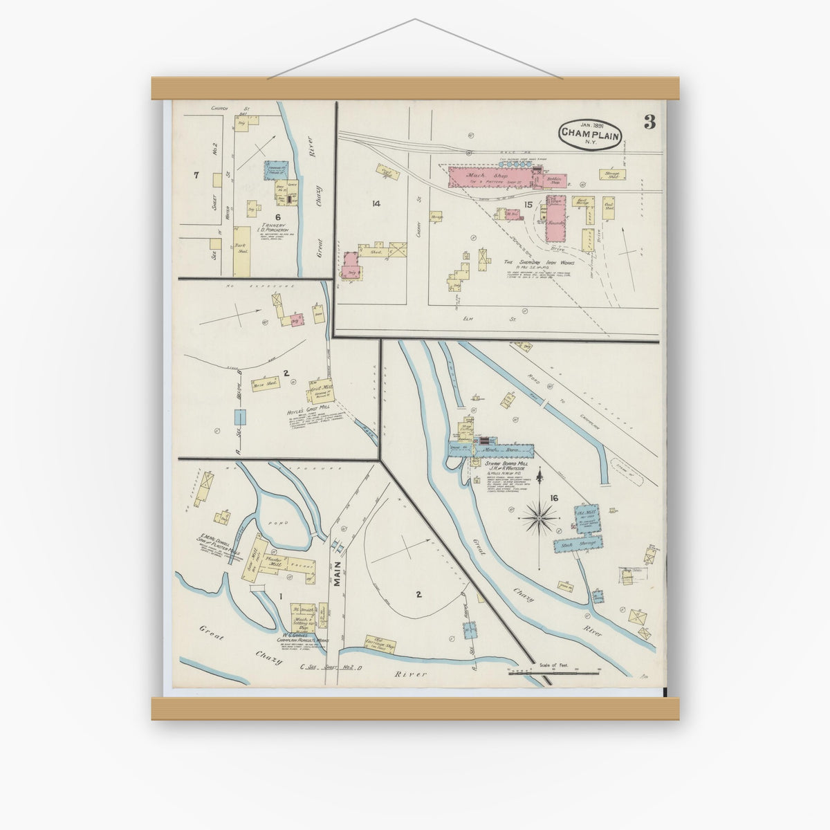 Old map wall art mockup — magnetic wood frame on white wall — Sanborn Fire Insurance Map from Champlain, Clinton County, New York (1891), Sheet #0003