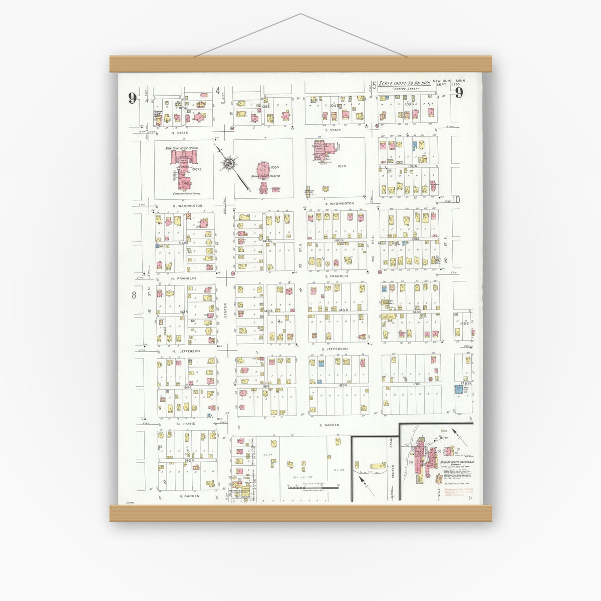 Old map wall art mockup — magnetic wood frame on white wall — Sanborn Fire Insurance Map from New Ulm, Brown County, Minnesota (1935), Sheet #0009