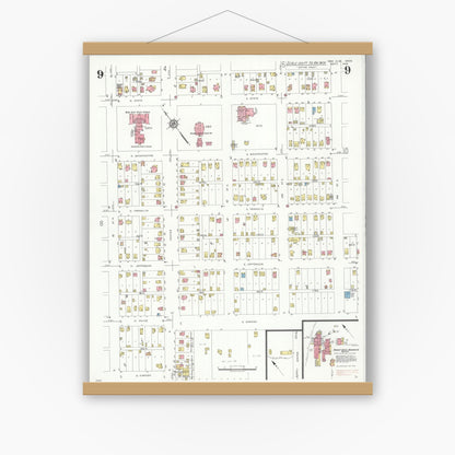 Old map wall art mockup — magnetic wood frame on white wall — Sanborn Fire Insurance Map from New Ulm, Brown County, Minnesota (1935), Sheet #0009