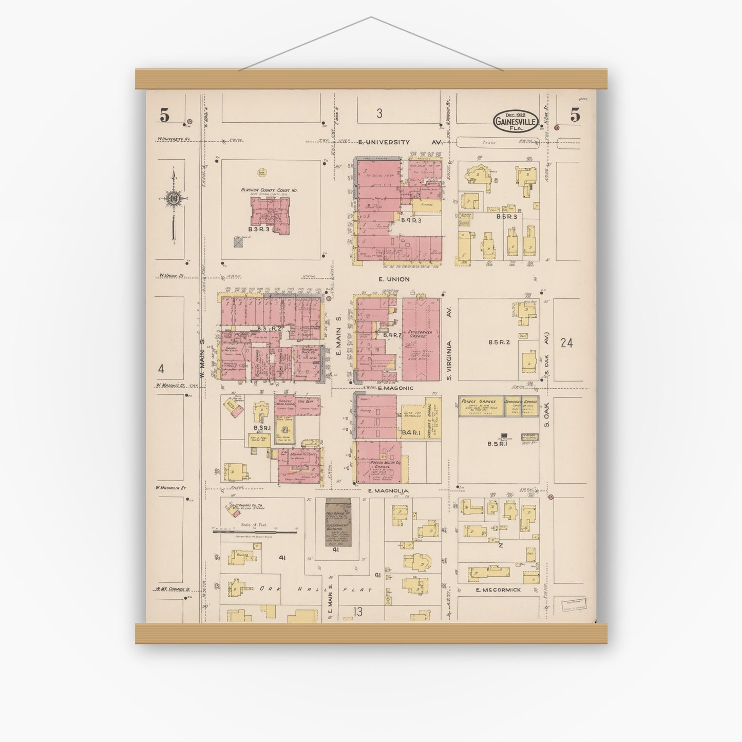 Old map wall art mockup — magnetic wood frame on white wall — Sanborn Fire Insurance Map from Gainesville, Alachua County, Florida (1922), Sheet #0005