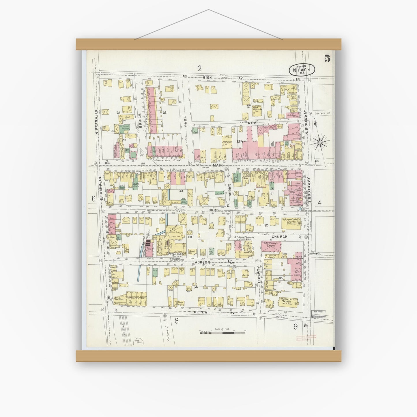 Old map wall art mockup — magnetic wood frame on white wall — Sanborn Fire Insurance Map from Nyack, Rockland County, New York. (1896), Sheet #0005