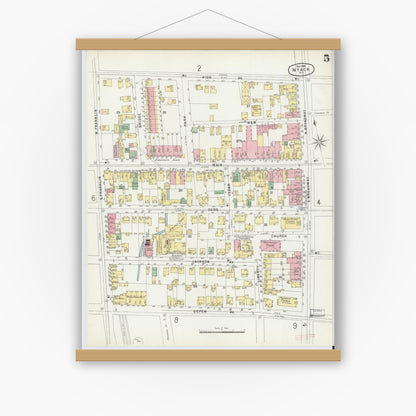 Old map wall art mockup — magnetic wood frame on white wall — Sanborn Fire Insurance Map from Nyack, Rockland County, New York. (1896), Sheet #0005