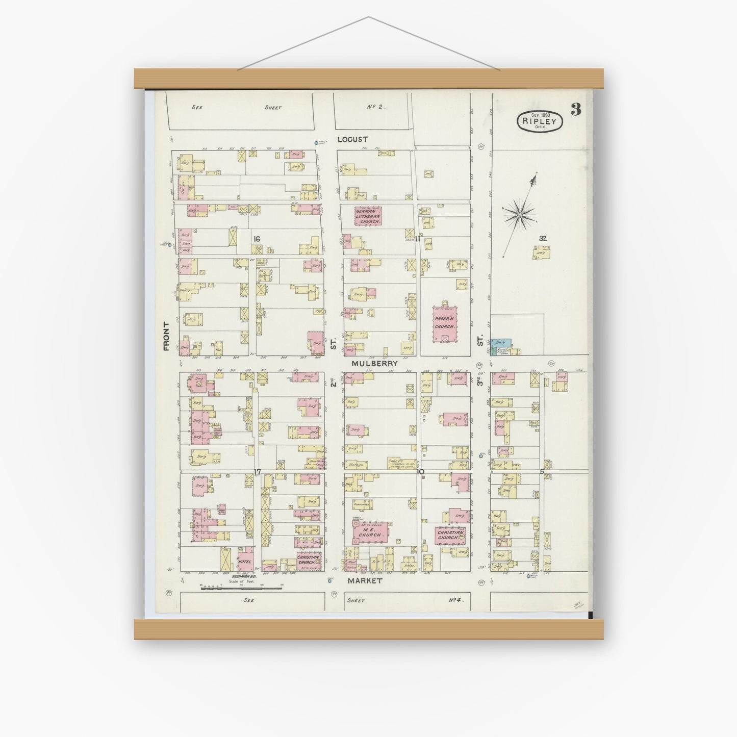 Old map wall art mockup — magnetic wood frame on white wall — Sanborn Fire Insurance Map from Ripley, Brown County, Ohio (1890), Sheet #0003