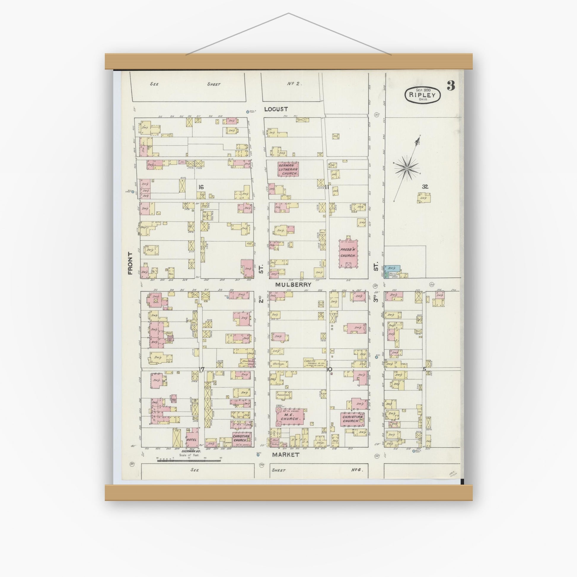 Old map wall art mockup — magnetic wood frame on white wall — Sanborn Fire Insurance Map from Ripley, Brown County, Ohio (1890), Sheet #0003