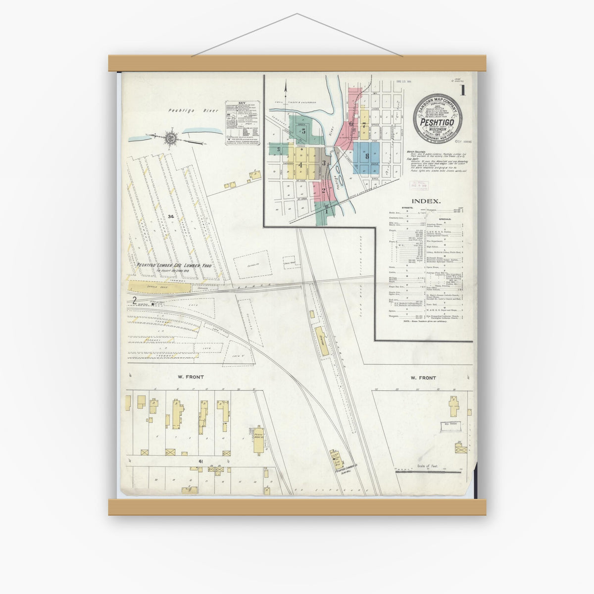 Old map wall art mockup — magnetic wood frame on white wall — Sanborn Fire Insurance Map from Peshtigo, Marinette County, Wisconsin (1911), Sheet #0001