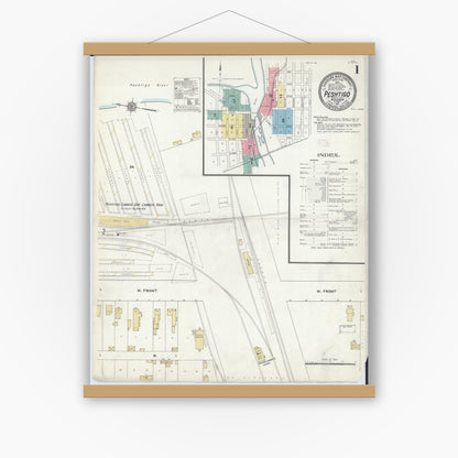Old map wall art mockup — magnetic wood frame on white wall — Sanborn Fire Insurance Map from Peshtigo, Marinette County, Wisconsin (1911), Sheet #0001