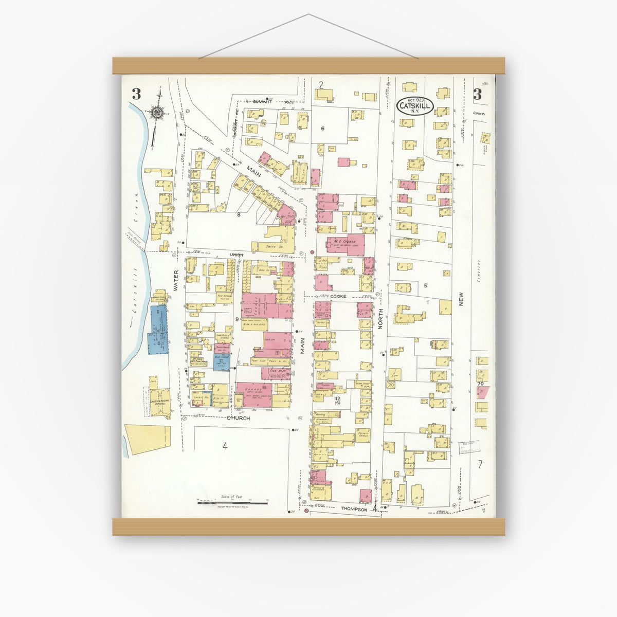 Old map wall art mockup — magnetic wood frame on white wall — Sanborn Fire Insurance Map from Catskill, Greene County, New York (1923), Sheet #0003
