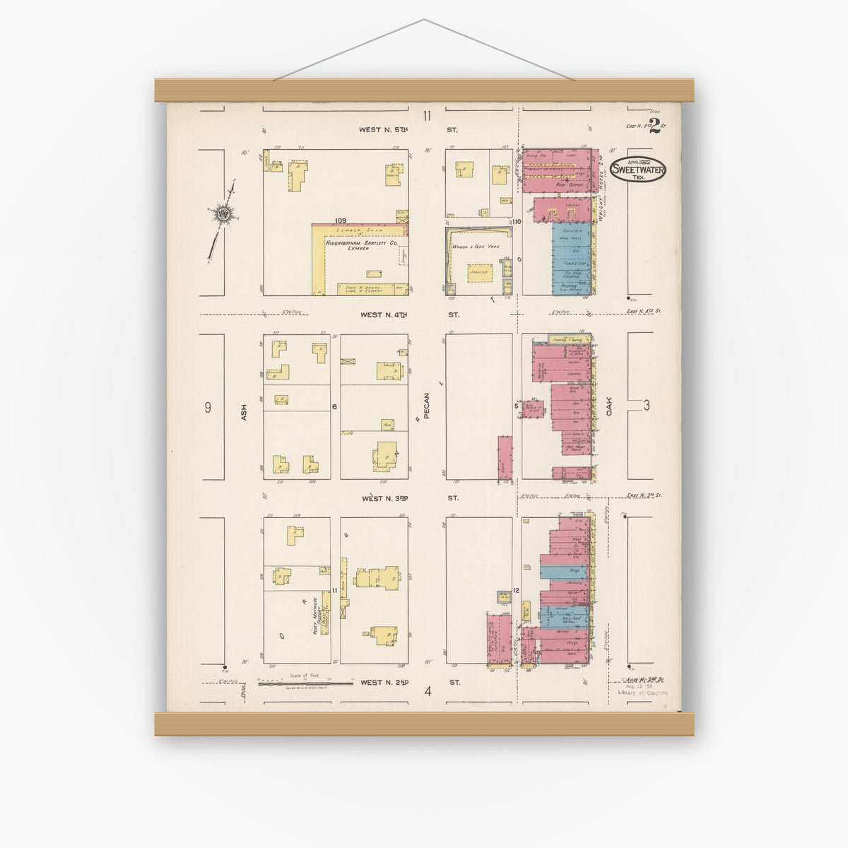 Old map wall art mockup — magnetic wood frame on white wall — Sanborn Fire Insurance Map from Sweetwater, Nolan County, Texas (1922), Sheet #0002