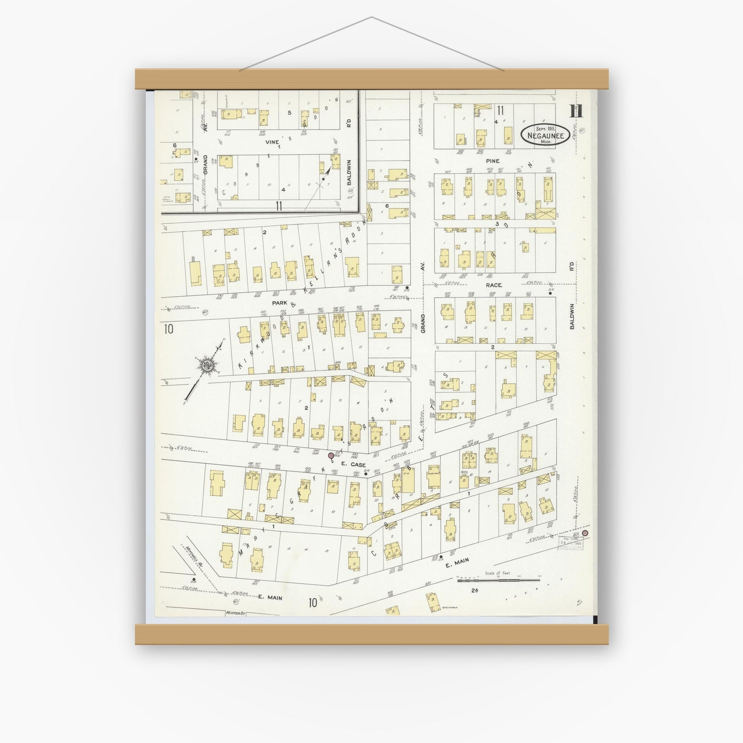 Old map wall art mockup — magnetic wood frame on white wall — Sanborn Fire Insurance Map from Negaunee, Marquette County, Michigan (1911), Sheet #0011