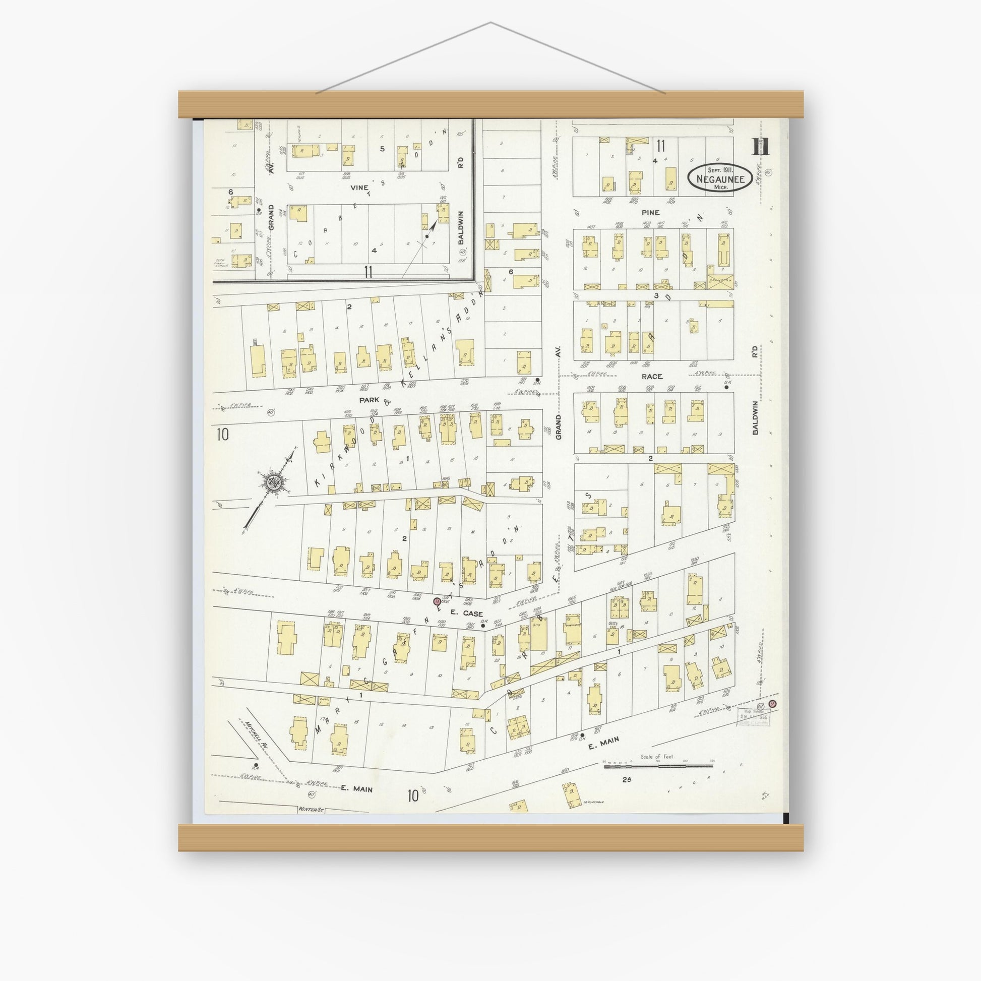 Old map wall art mockup — magnetic wood frame on white wall — Sanborn Fire Insurance Map from Negaunee, Marquette County, Michigan (1911), Sheet #0011