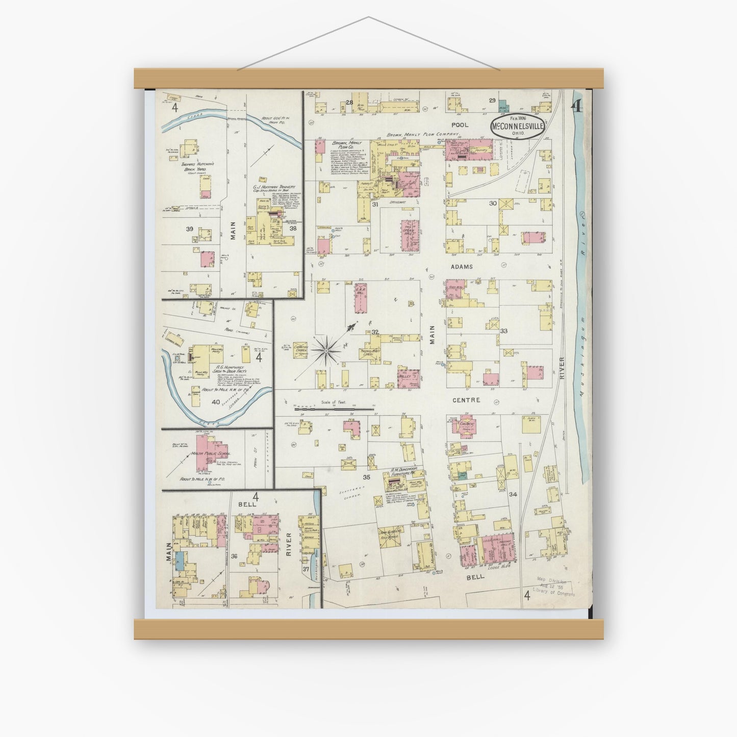 Old map wall art mockup — magnetic wood frame on white wall — Sanborn Fire Insurance Map from McConnelsville, Morgan County, Ohio (1896), Sheet #0004