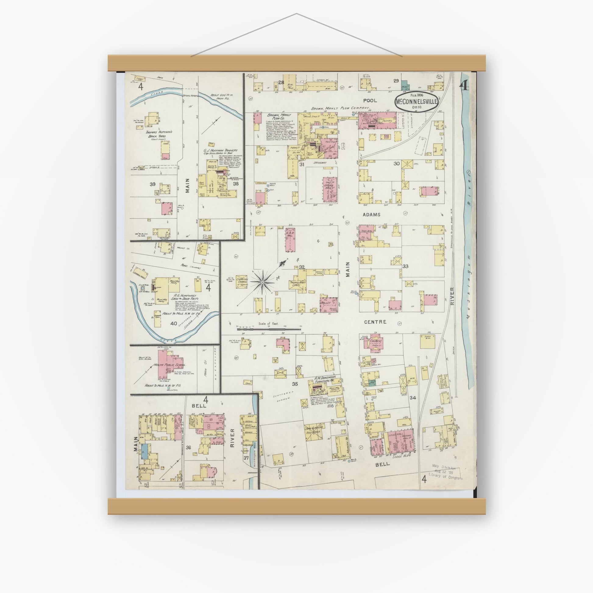 Old map wall art mockup — magnetic wood frame on white wall — Sanborn Fire Insurance Map from McConnelsville, Morgan County, Ohio (1896), Sheet #0004