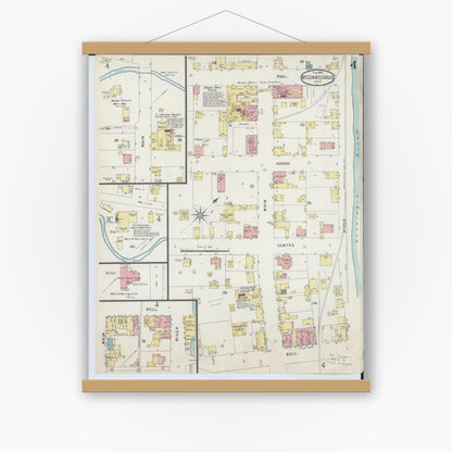 Old map wall art mockup — magnetic wood frame on white wall — Sanborn Fire Insurance Map from McConnelsville, Morgan County, Ohio (1896), Sheet #0004