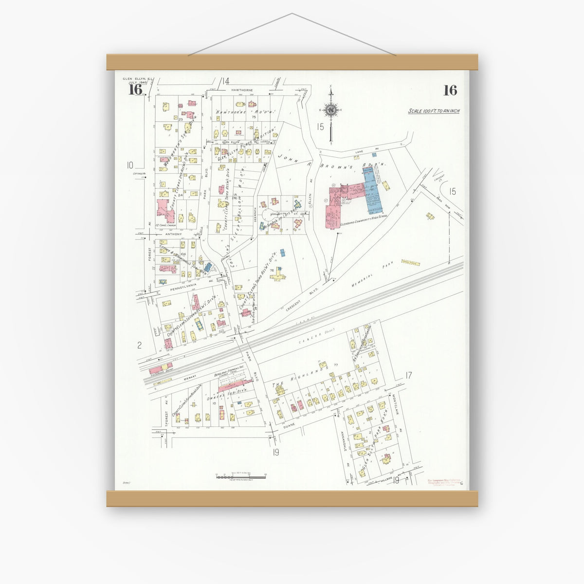 Old map wall art mockup — magnetic wood frame on white wall — Sanborn Fire Insurance Map from Glen Ellyn, Du Page County, Illinois (1940), Sheet #0016