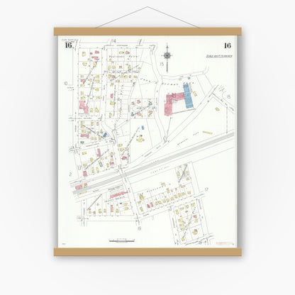 Old map wall art mockup — magnetic wood frame on white wall — Sanborn Fire Insurance Map from Glen Ellyn, Du Page County, Illinois (1940), Sheet #0016