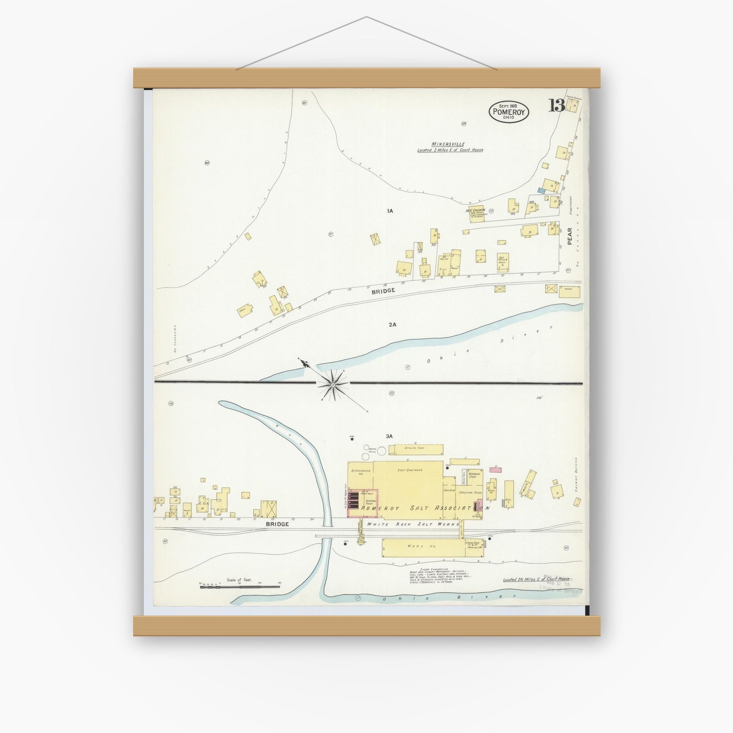 Old map wall art mockup — magnetic wood frame on white wall — Sanborn Fire Insurance Map from Pomeroy, Meigs County, Ohio (1908), Sheet #0013
