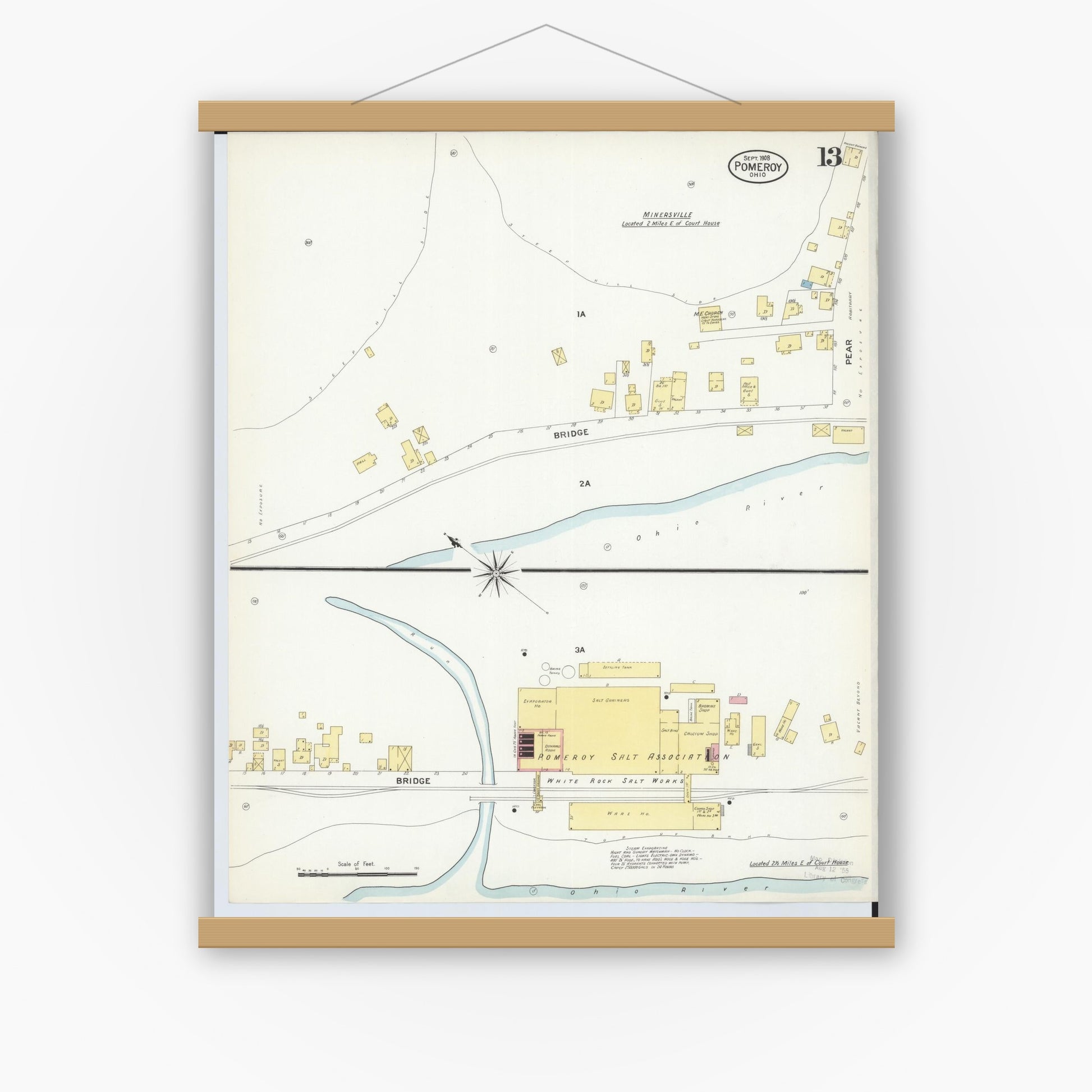Old map wall art mockup — magnetic wood frame on white wall — Sanborn Fire Insurance Map from Pomeroy, Meigs County, Ohio (1908), Sheet #0013