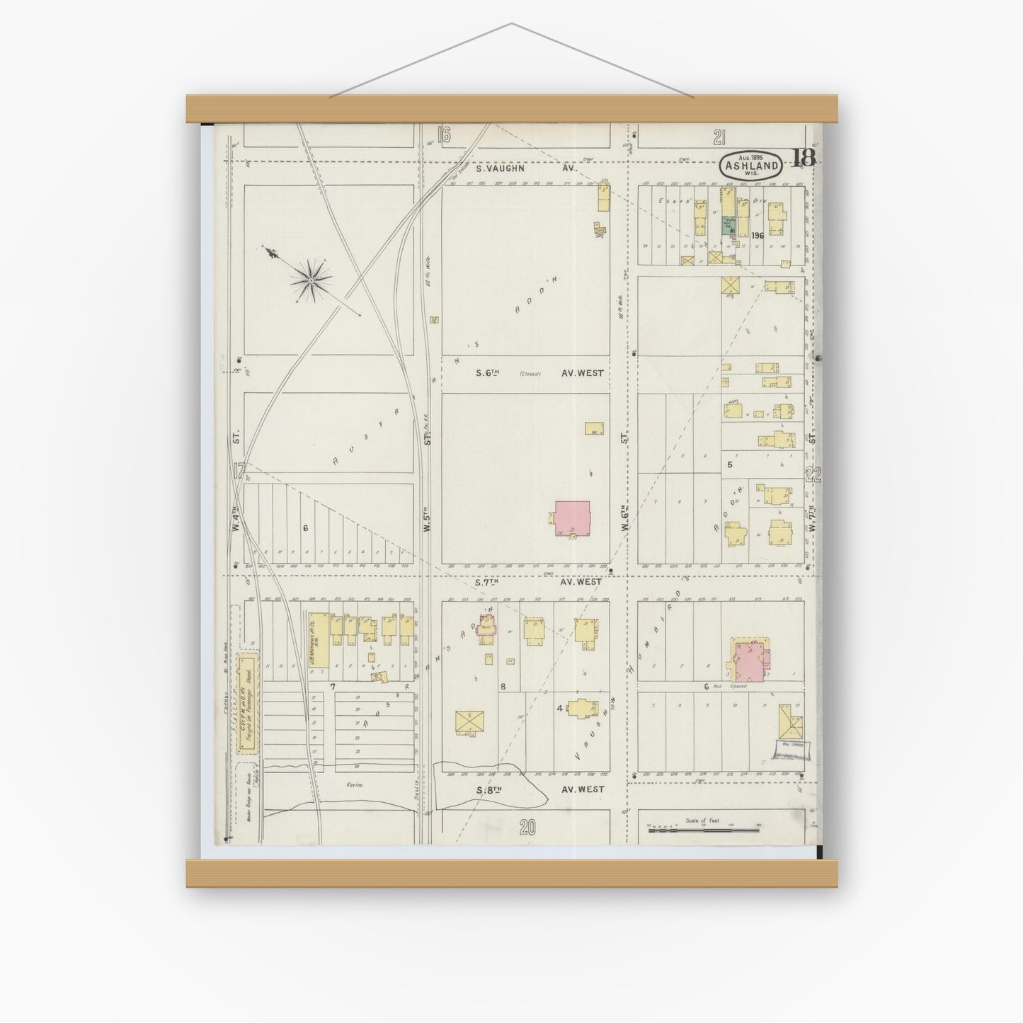 Old map wall art mockup — magnetic wood frame on white wall — Sanborn Fire Insurance Map from Ashland, Ashland County, Wisconsin (1895), Sheet #0018