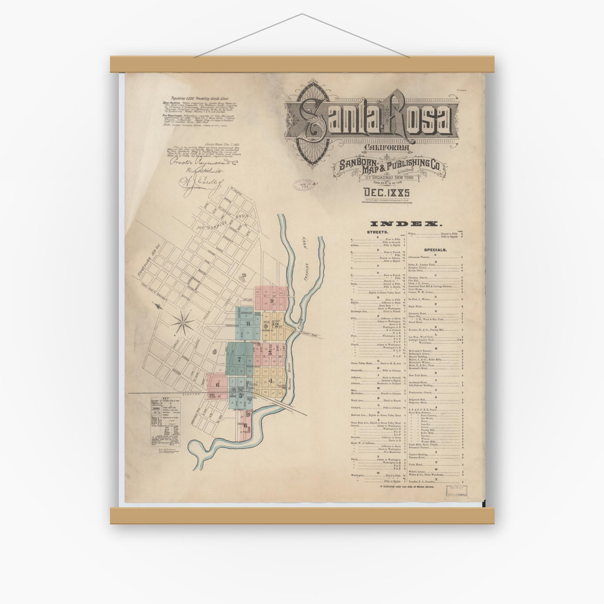 Old map wall art mockup — magnetic wood frame on white wall — Sanborn Fire Insurance Map from Santa Rosa, Sonoma County, California (1885) - Complete Map Set