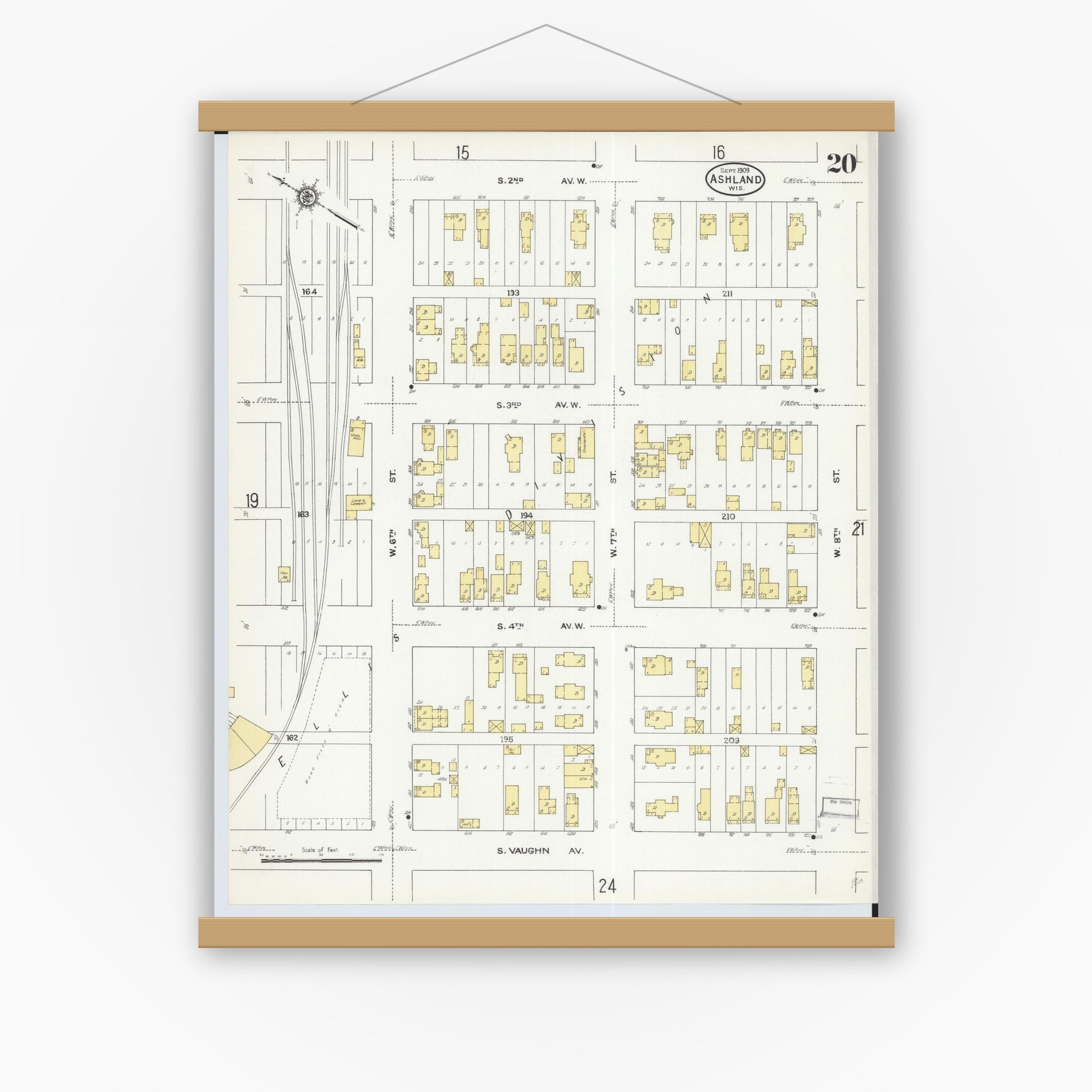 Old map wall art mockup — magnetic wood frame on white wall — Sanborn Fire Insurance Map from Ashland, Ashland County, Wisconsin (1909), Sheet #0020