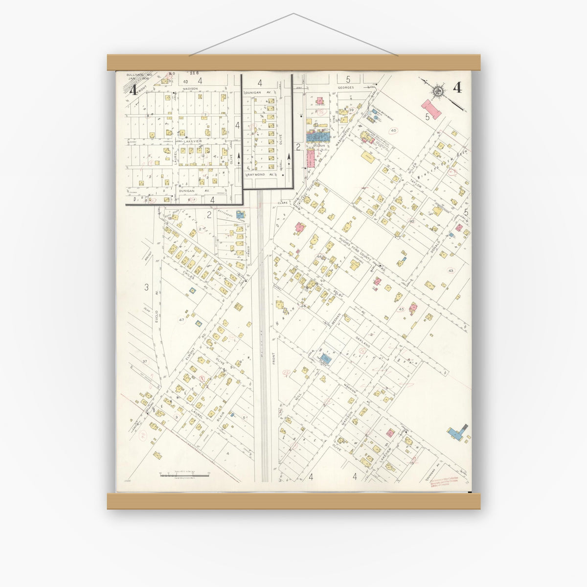 Old map wall art mockup — magnetic wood frame on white wall — Sanborn Fire Insurance Map from Sullivan, Franklin County, Missouri (1936), Sheet #0004