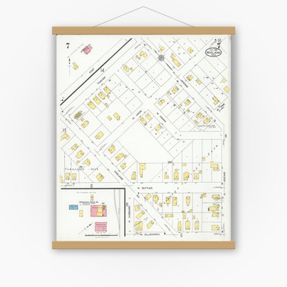 Old map wall art mockup — magnetic wood frame on white wall — Sanborn Fire Insurance Map from Midland, Midland County, Michigan (1926), Sheet #0007