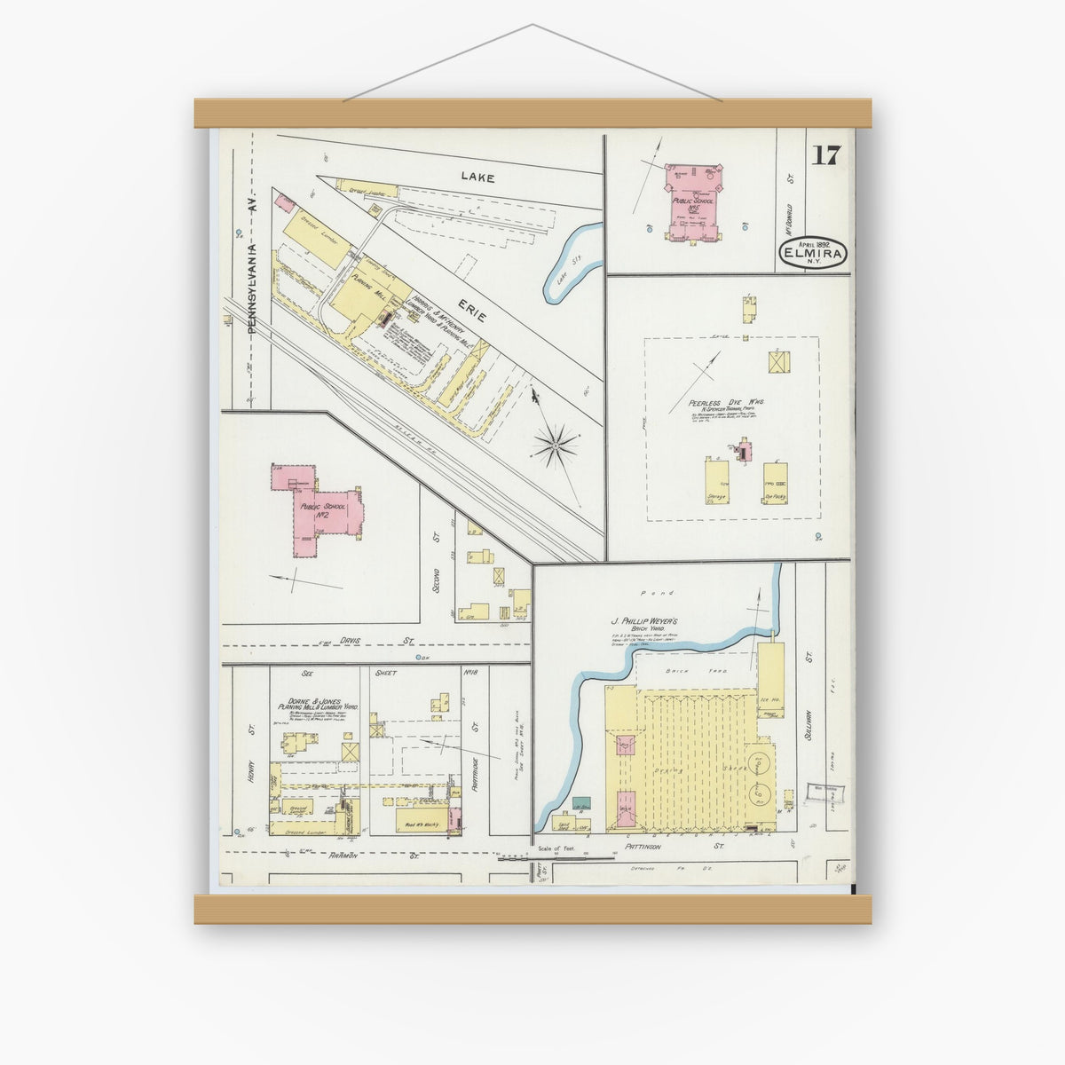 Old map wall art mockup — magnetic wood frame on white wall — Sanborn Fire Insurance Map from Elmira, Chemung County, New York (1892), Sheet #0017