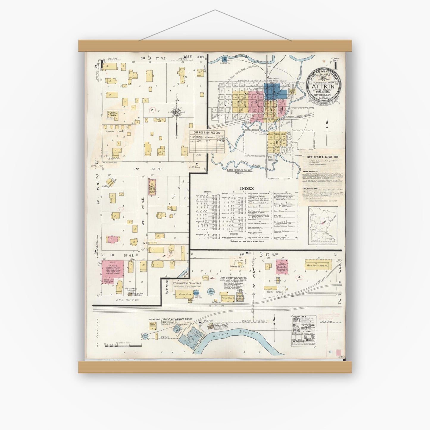 Old map wall art mockup — magnetic wood frame on white wall — Sanborn Fire Insurance Map from Aitkin, Aitkin County, Minnesota (1936), Sheet #0001