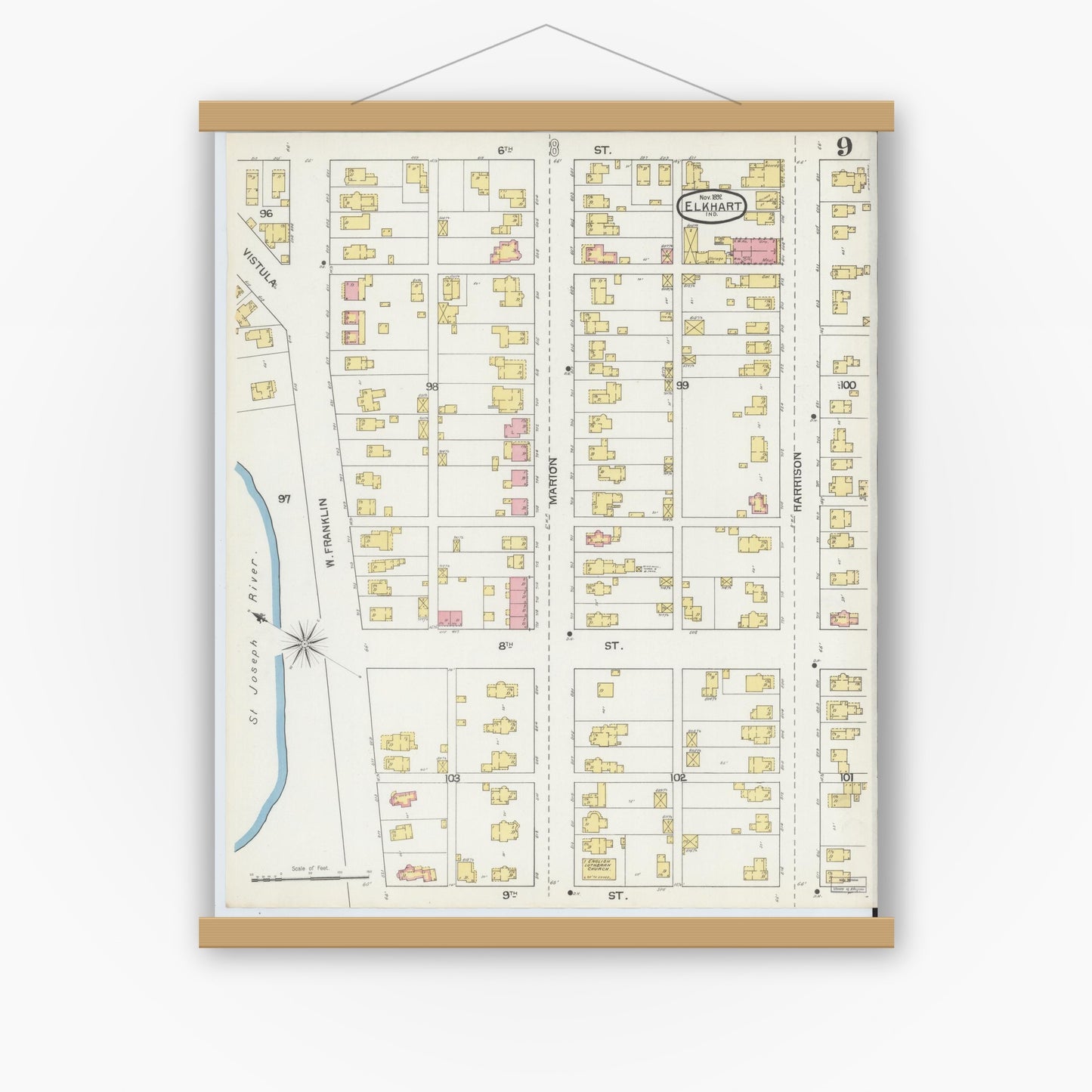 Old map wall art mockup — magnetic wood frame on white wall — Sanborn Fire Insurance Map from Elkhart, Elkhart County, Indiana (1892), Sheet #0009