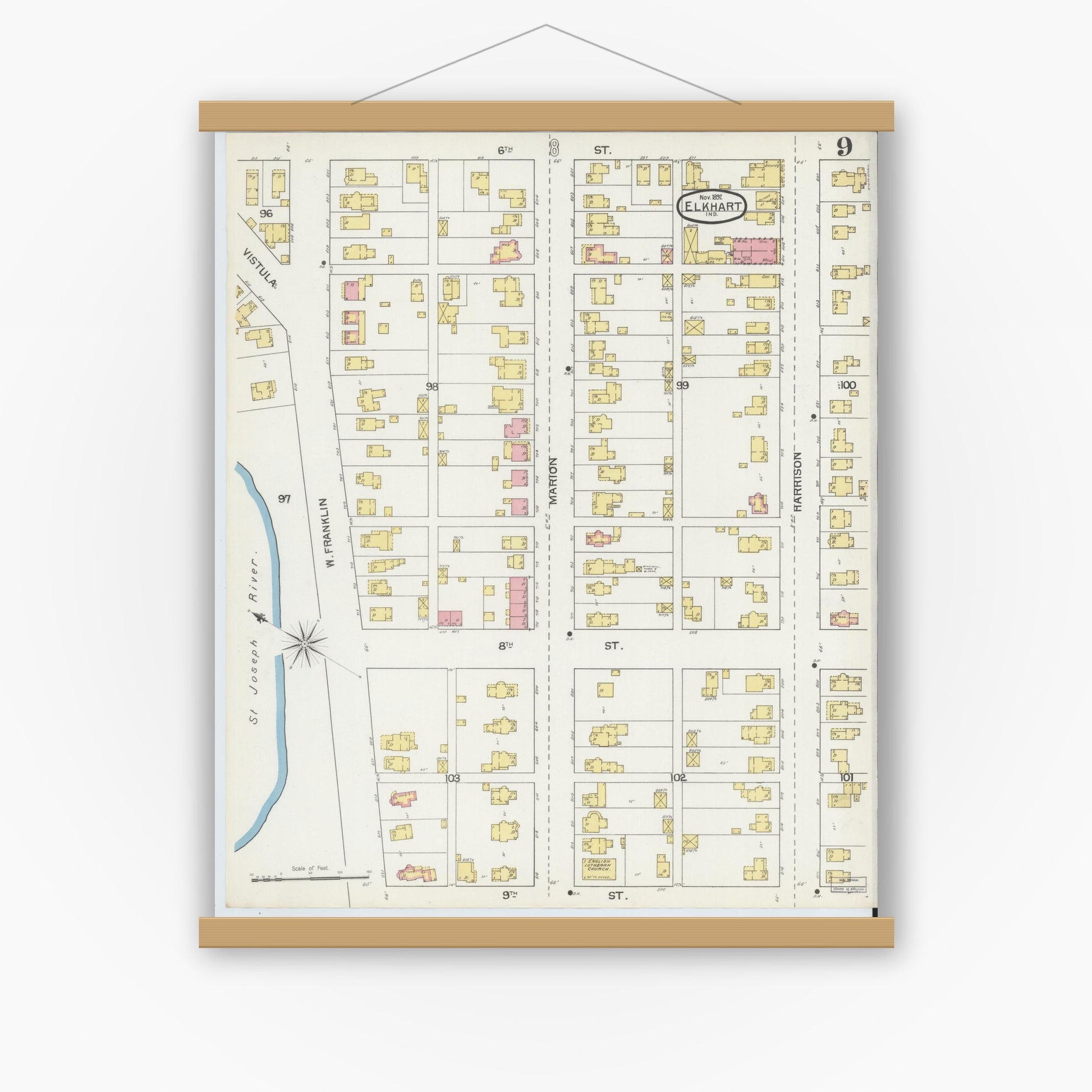 Old map wall art mockup — magnetic wood frame on white wall — Sanborn Fire Insurance Map from Elkhart, Elkhart County, Indiana (1892), Sheet #0009