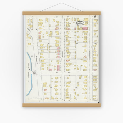Old map wall art mockup — magnetic wood frame on white wall — Sanborn Fire Insurance Map from Elkhart, Elkhart County, Indiana (1892), Sheet #0009