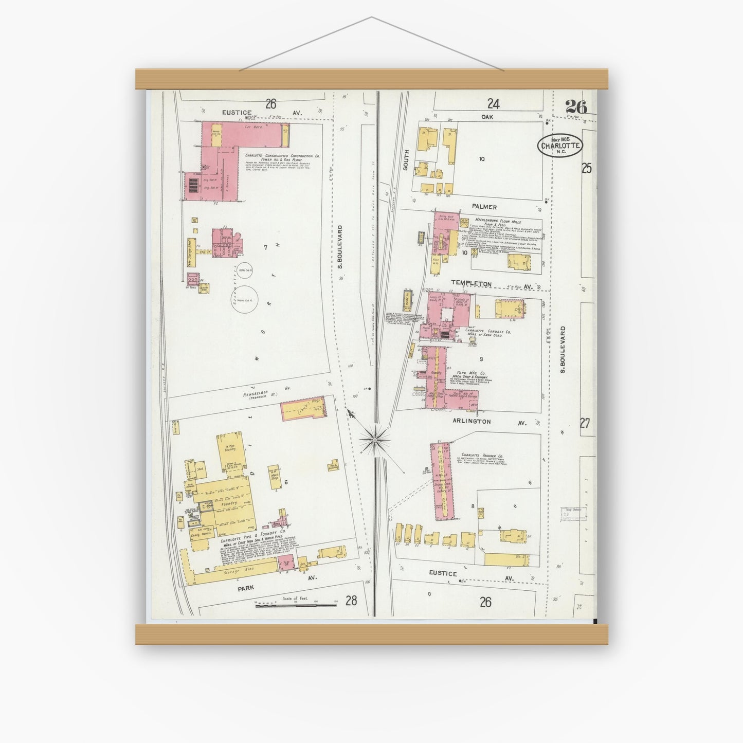 Old map wall art mockup — magnetic wood frame on white wall — Sanborn Fire Insurance Map from Charlotte, Mecklenburg County, North Carolina (1905), Sheet #0026