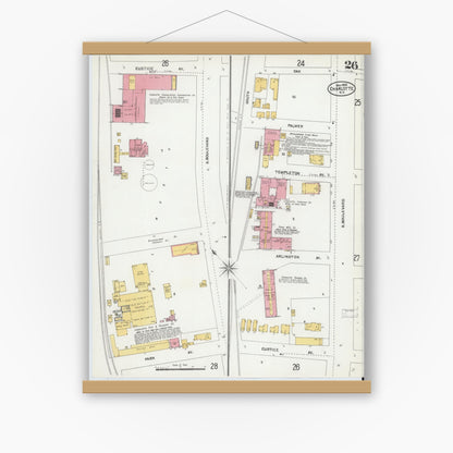 Old map wall art mockup — magnetic wood frame on white wall — Sanborn Fire Insurance Map from Charlotte, Mecklenburg County, North Carolina (1905), Sheet #0026