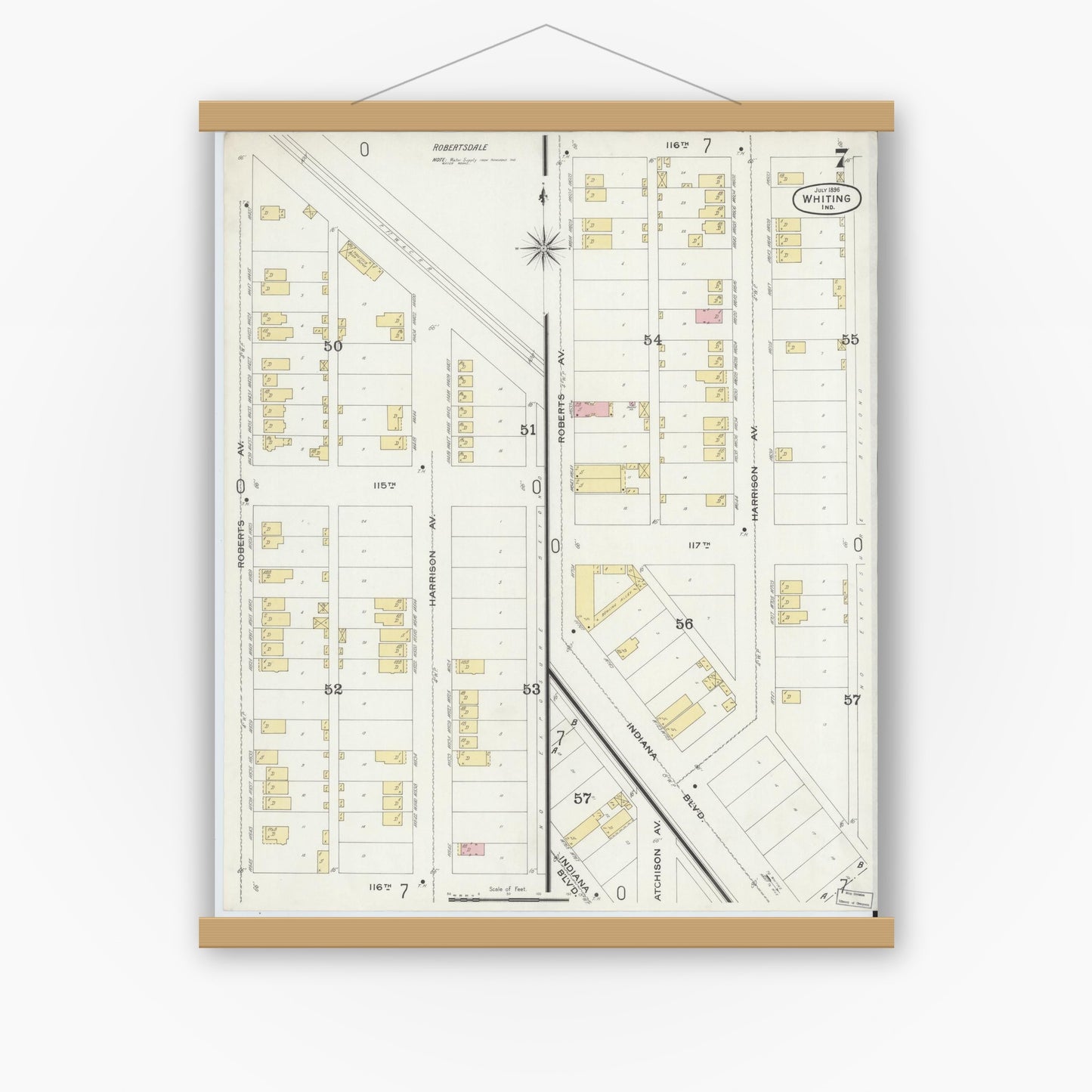 Old map wall art mockup — magnetic wood frame on white wall — Sanborn Fire Insurance Map from Whiting, Lake County, Indiana (1896), Sheet #0007