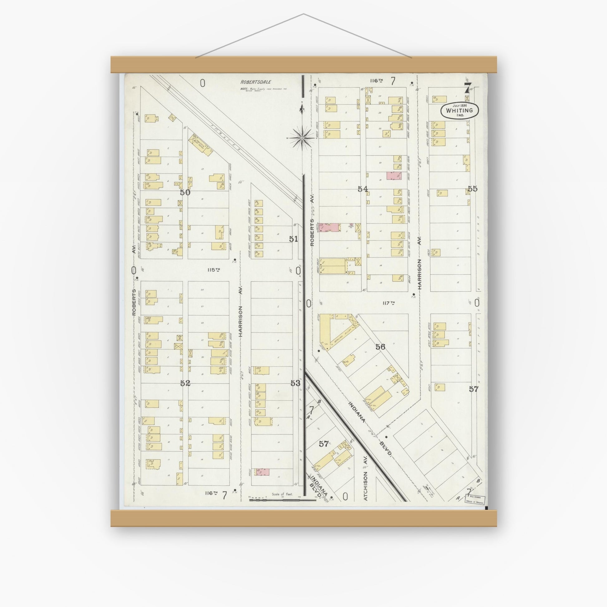 Old map wall art mockup — magnetic wood frame on white wall — Sanborn Fire Insurance Map from Whiting, Lake County, Indiana (1896), Sheet #0007