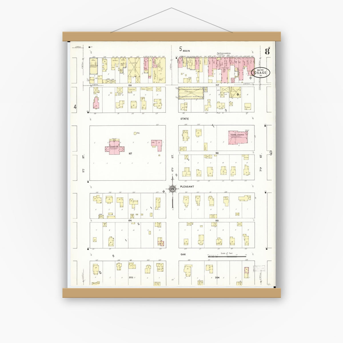 Old map wall art mockup — magnetic wood frame on white wall — Sanborn Fire Insurance Map from Osage, Mitchell County, Iowa (1911), Sheet #0008