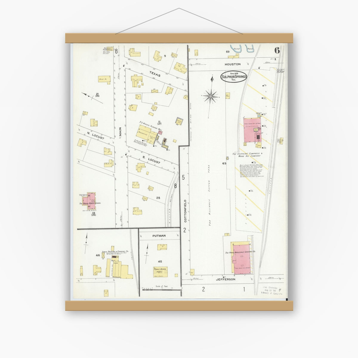 Old map wall art mockup — magnetic wood frame on white wall — Sanborn Fire Insurance Map from Sulphur Springs, Hopkins County, Texas (1909), Sheet #0006