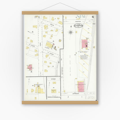 Old map wall art mockup — magnetic wood frame on white wall — Sanborn Fire Insurance Map from Sulphur Springs, Hopkins County, Texas (1909), Sheet #0006