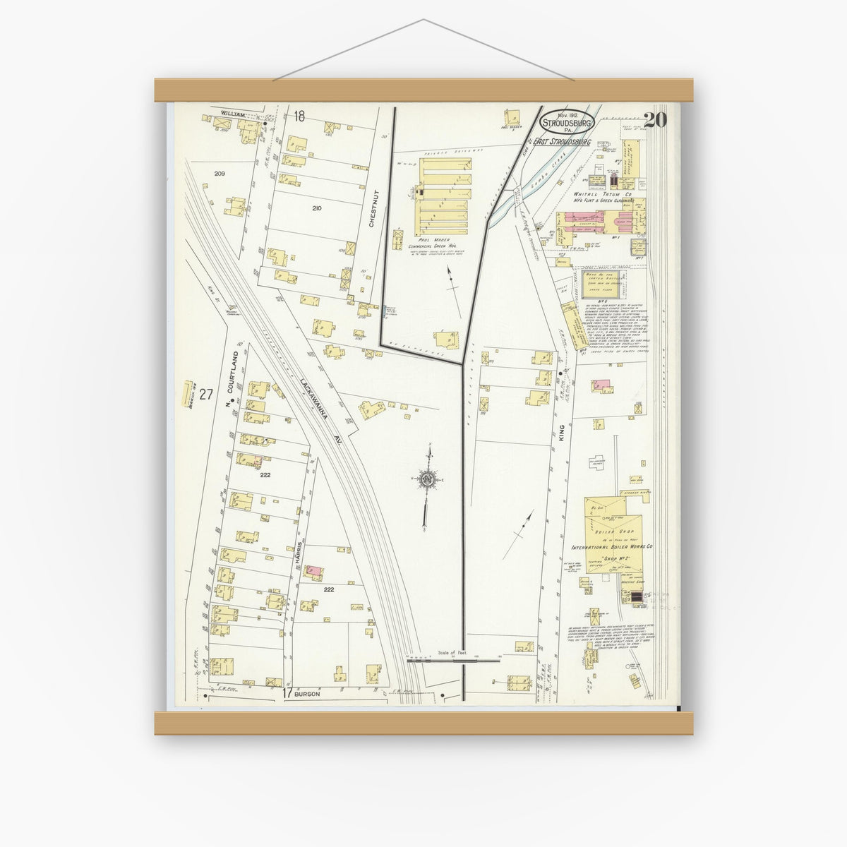 Old map wall art mockup — magnetic wood frame on white wall — Sanborn Fire Insurance Map from Stroudsburg, Monroe County, Pennsylvania (1912), Sheet #0020