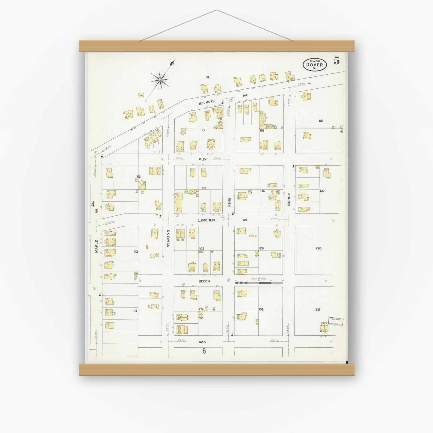 Old map wall art mockup — magnetic wood frame on white wall — Sanborn Fire Insurance Map from Dover, Morris County, New Jersey (1909), Sheet #0005