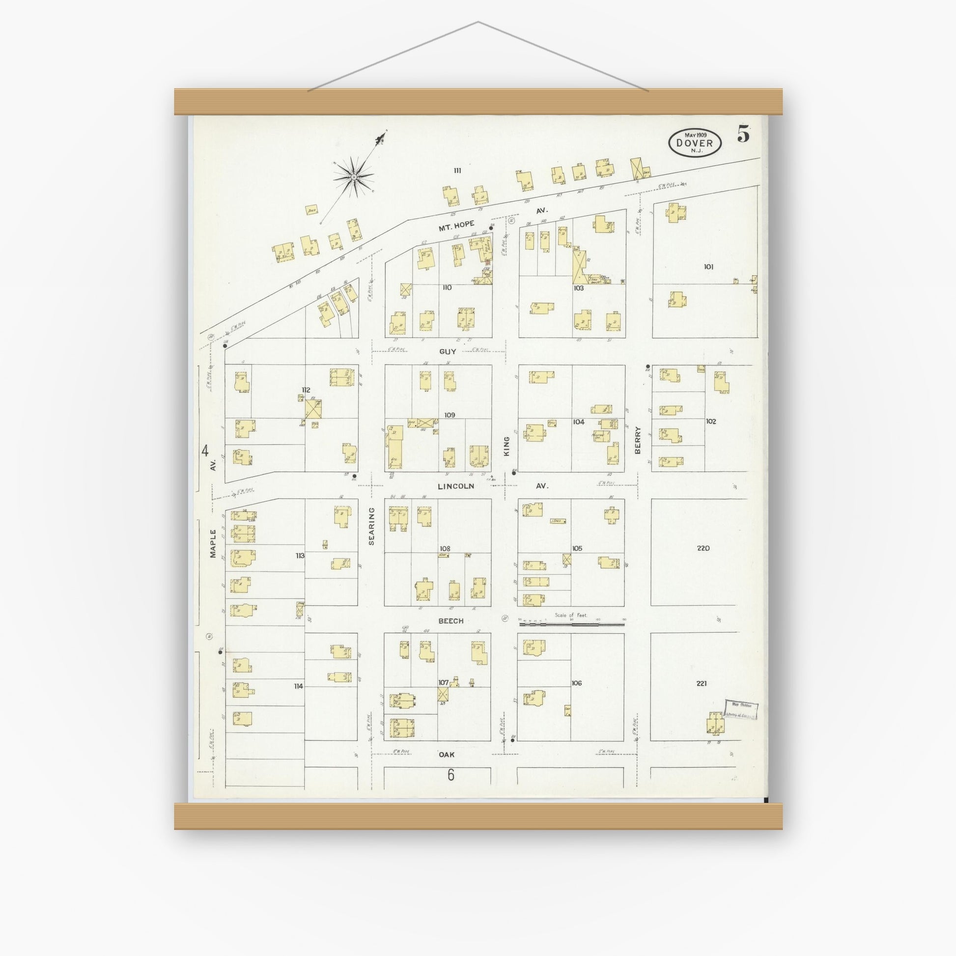 Old map wall art mockup — magnetic wood frame on white wall — Sanborn Fire Insurance Map from Dover, Morris County, New Jersey (1909), Sheet #0005