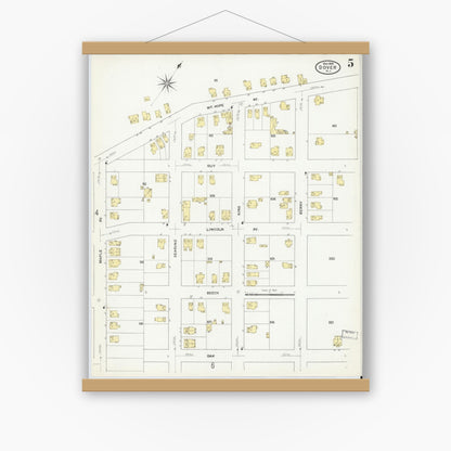 Old map wall art mockup — magnetic wood frame on white wall — Sanborn Fire Insurance Map from Dover, Morris County, New Jersey (1909), Sheet #0005