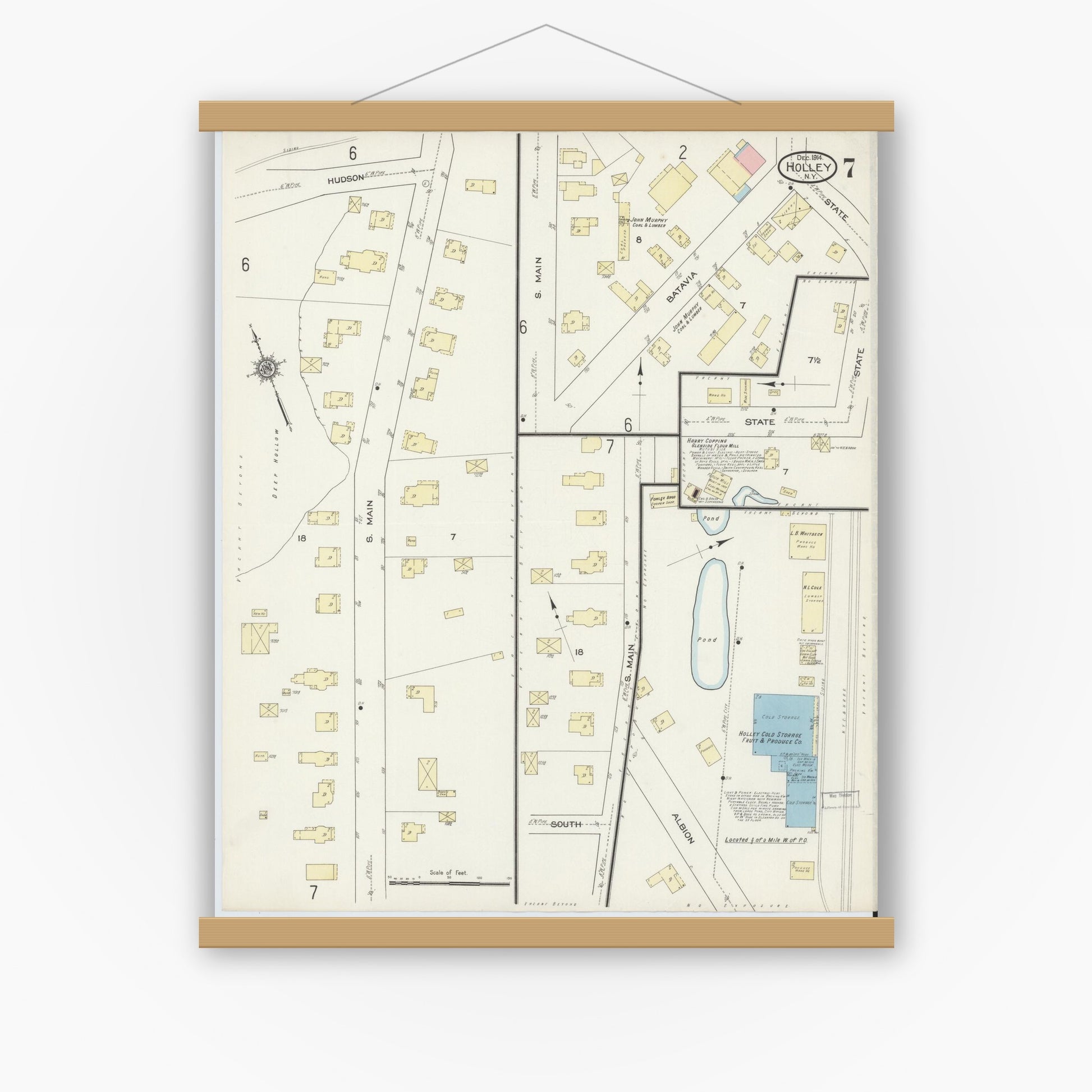 Old map wall art mockup — magnetic wood frame on white wall — Sanborn Fire Insurance Map from Holley, Orleans County, New York (1914), Sheet #0007