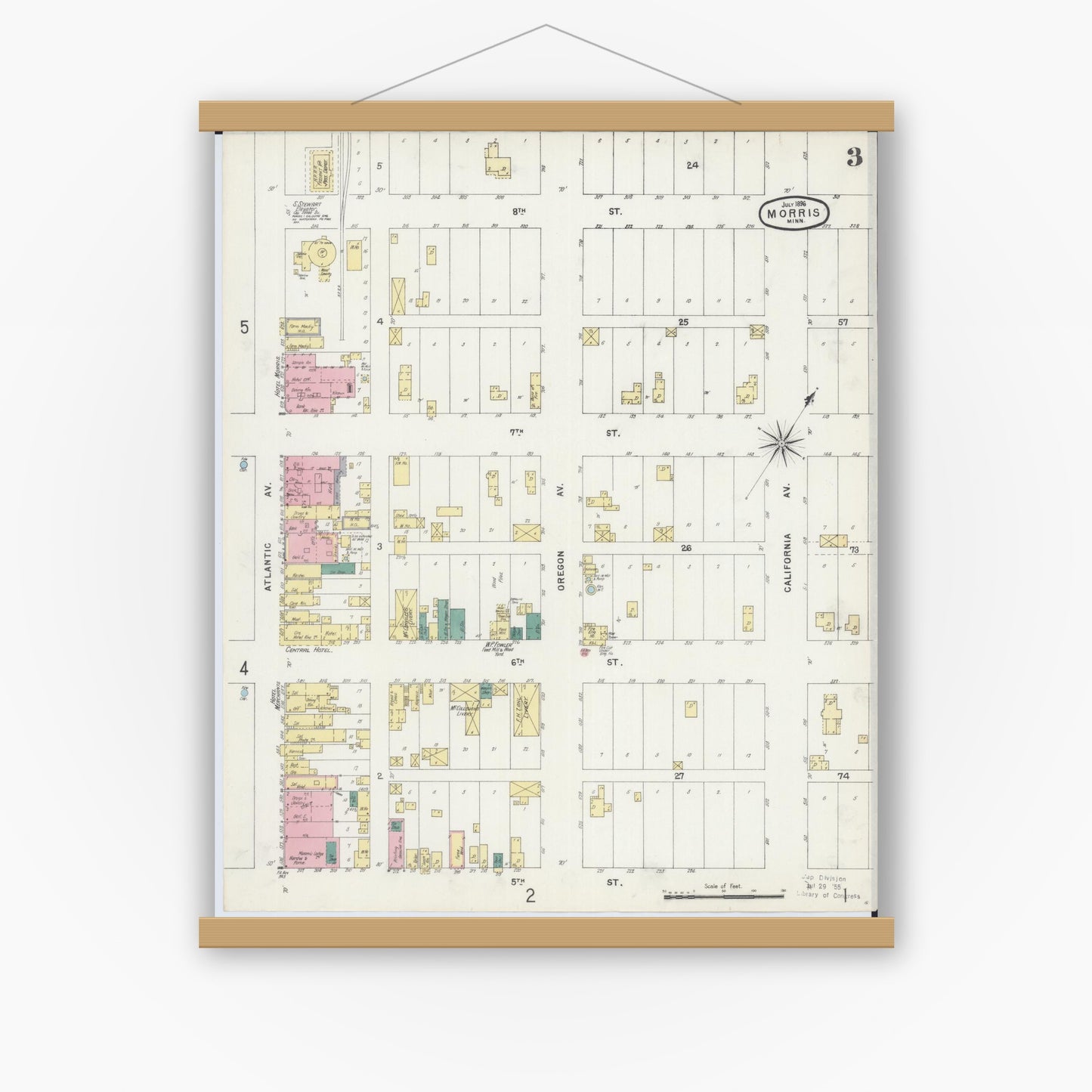 Old map wall art mockup — magnetic wood frame on white wall — Sanborn Fire Insurance Map from Morris, Stevens County, Minnesota (1896), Sheet #0003