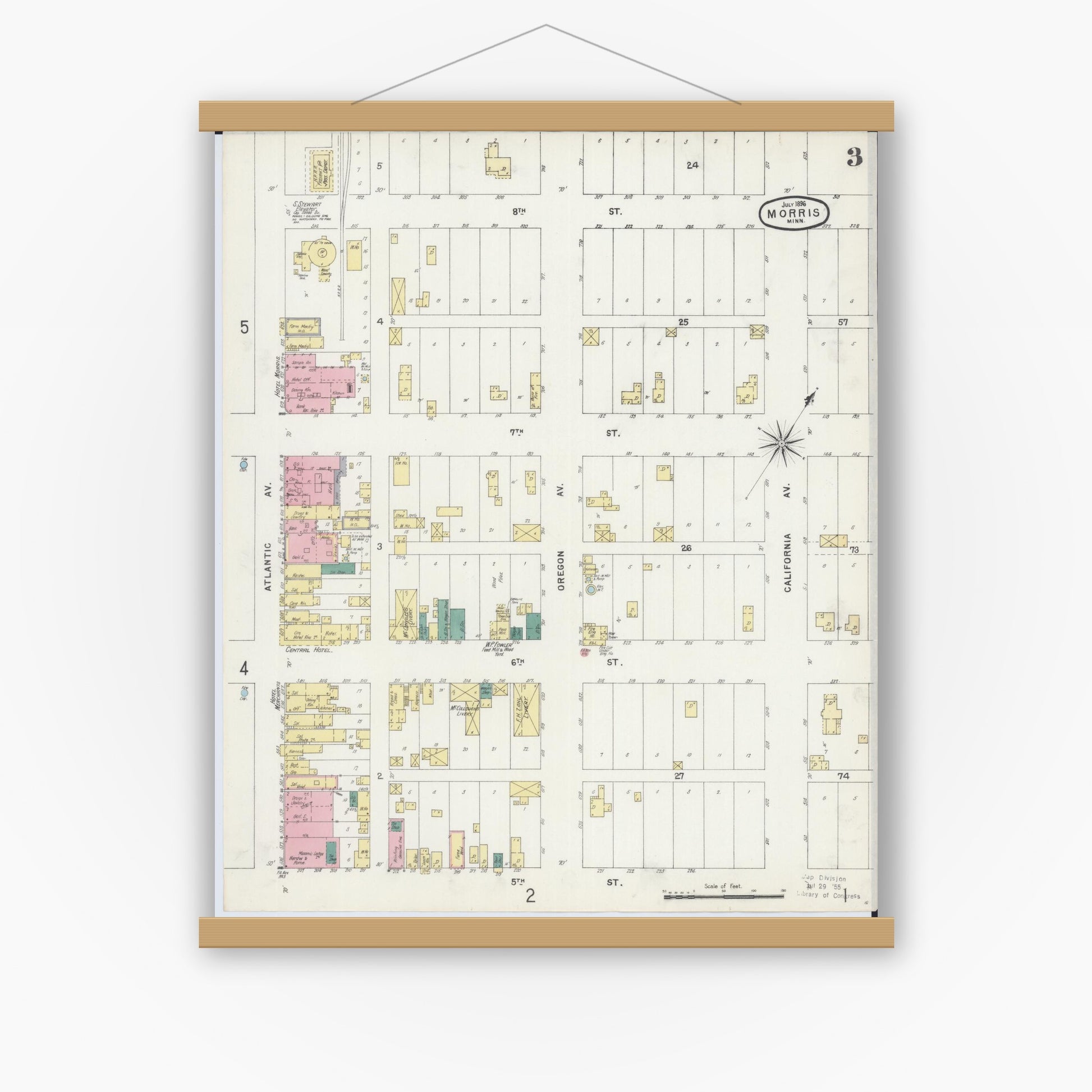 Old map wall art mockup — magnetic wood frame on white wall — Sanborn Fire Insurance Map from Morris, Stevens County, Minnesota (1896), Sheet #0003
