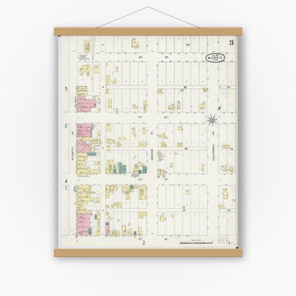 Old map wall art mockup — magnetic wood frame on white wall — Sanborn Fire Insurance Map from Morris, Stevens County, Minnesota (1896), Sheet #0003
