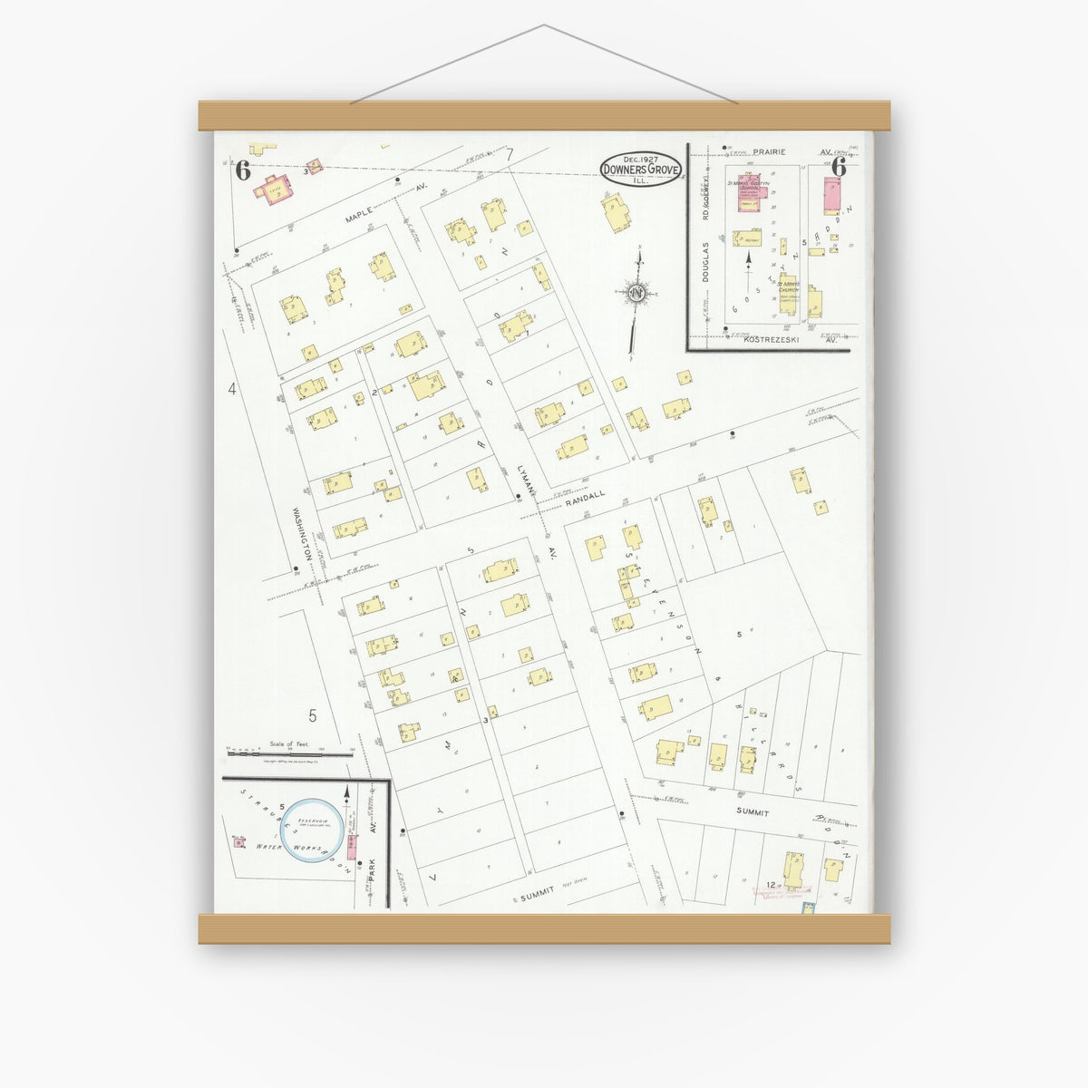 Old map wall art mockup — magnetic wood frame on white wall — Sanborn Fire Insurance Map from Downers Grove, Dupage County, Illinois (1927), Sheet #0006