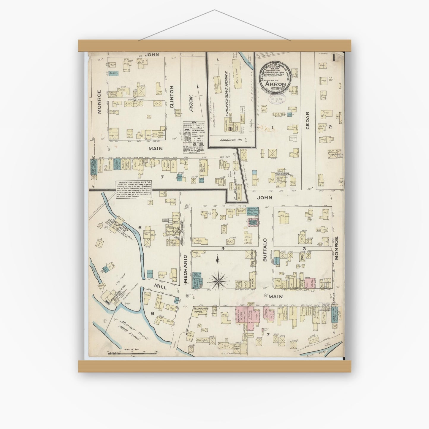 Old map wall art mockup — magnetic wood frame on white wall — Sanborn Fire Insurance Map from Akron, Erie County, New York (1884) - Complete Map Set