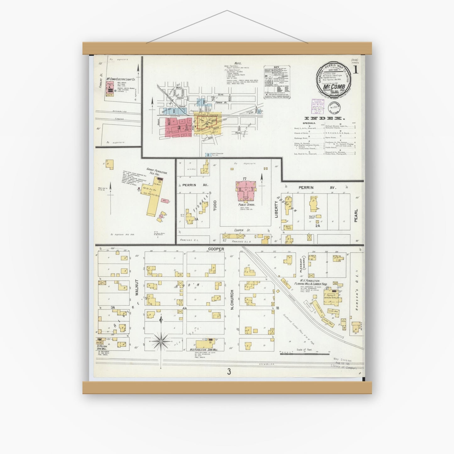 Old map wall art mockup — magnetic wood frame on white wall — Sanborn Fire Insurance Map from McComb, Hancock County, Ohio (1901) - Complete Map Set
