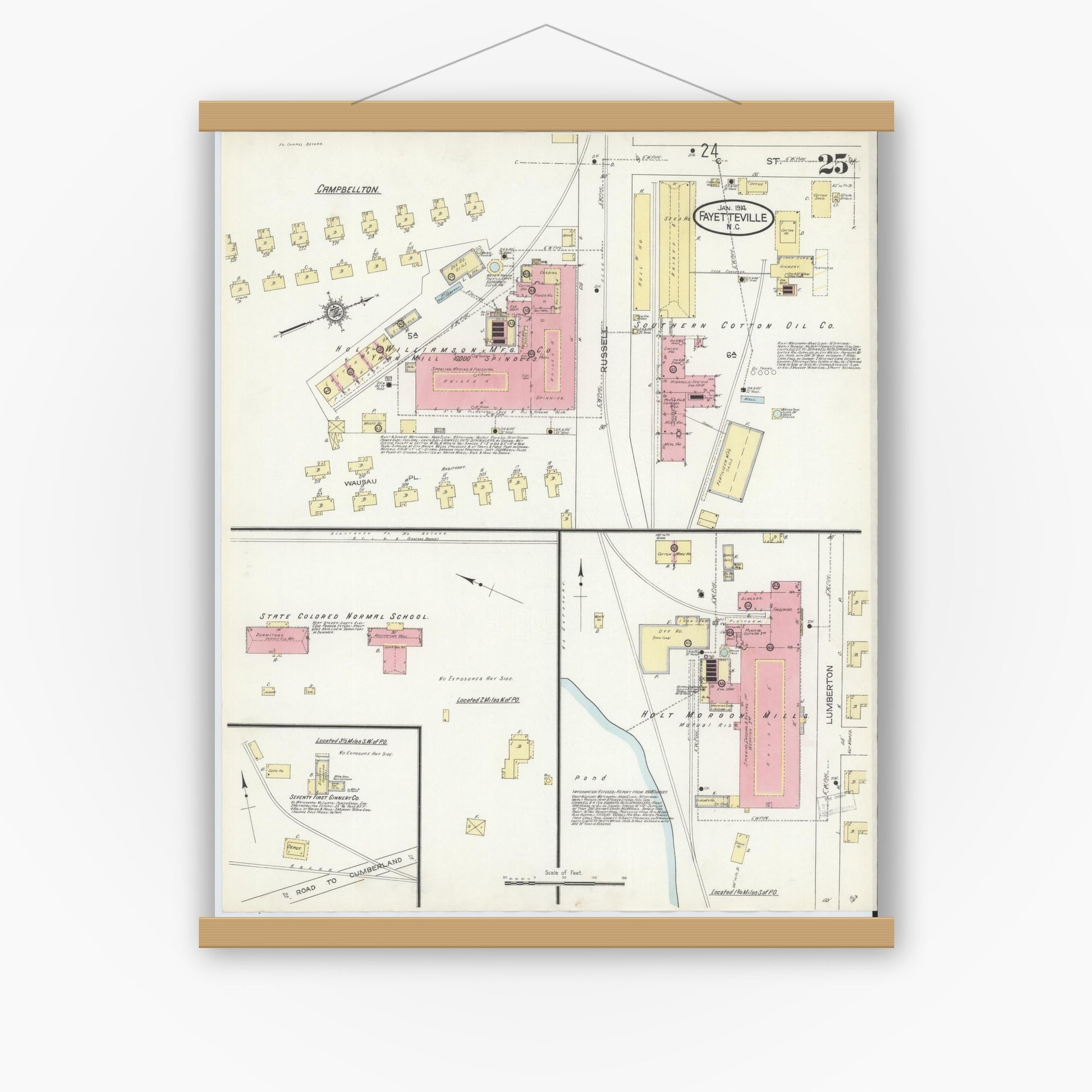 Old map wall art mockup — magnetic wood frame on white wall — Sanborn Fire Insurance Map from Fayetteville, Cumberland County, North Carolina (1914), Sheet #0025